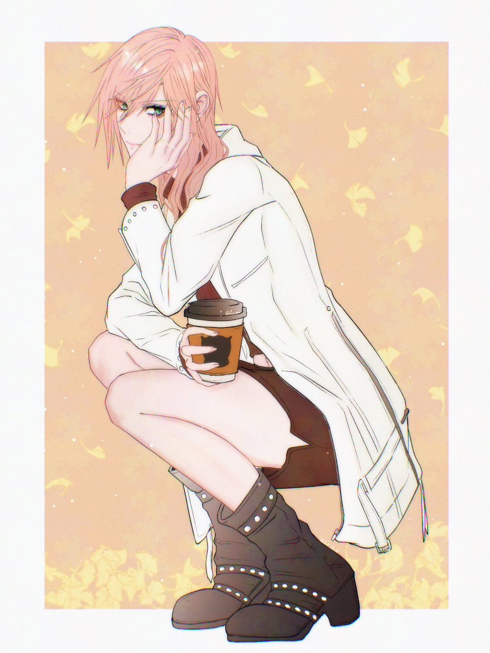 1girl, aqua_eyes, black_boots, boots, border, brown_background, brown_shorts, brown_sweater