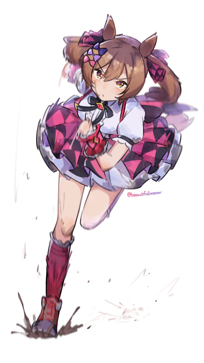 1girl, absurdres, animal_ears, artist_name, beautifulinsnow, bow, brown_eyes, brown_hair