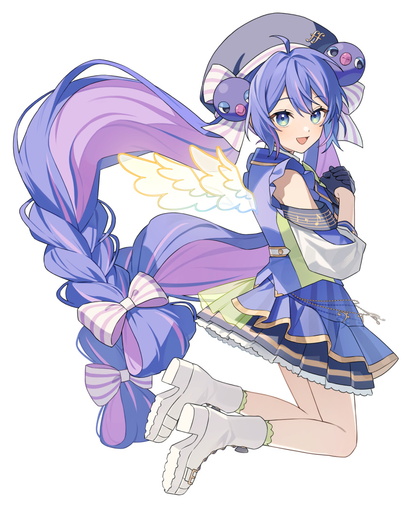 1girl, :d, absurdly_long_hair, ahoge, angel_wings, ascot, bass_clef, beret, black_ascot, black_gloves, black_skirt, blue_eyes, blue_hair, blue_jacket, blue_overskirt, boots, bow, bowtie, braid, buttons, clothing_cutout, collared_shirt, colored_inner_hair, double-breasted, double-parted_bangs, eighth_note, eighth_rest, floating_hair, forte_(symbol), fortissimo, frilled_skirt, frills, from_side, full_body, gloves, gradient_wings, green_bow, green_bowtie, green_eyes, green_socks, hair_bow, half_gloves, hands_on_own_chest, hat, hat_ornament, hat_ribbon, highres, jacket, jumping, kneehighs, lapels, long_hair, looking_at_viewer, looking_back, low-braided_long_hair, low-tied_long_hair, mini_wings, multicolored_eyes, multicolored_hair, multicolored_jacket, multicolored_wings, musical_note, musical_note_hat_ornament, musical_note_print, musical_staff, musical_staff_print, official_art, open_mouth, otomachi_una, otomachi_una_(sv), overskirt, pleated_skirt, puffy_sleeves, purple_hair, purple_streaks, quarter_note, ribbon, second-party_source, see-through_overskirt, shirt, shoulder_cutout, sidelocks, skirt, sleeve_cuffs, smile, socks, solo, streaked_hair, striped_bow, striped_clothes, striped_ribbon, suiso_sn3, synthesizer_v, three-quarter_sleeves, transparent_background, treble_clef, twintails, two-tone_eyes, two-tone_hair, variant_set, vertical-striped_clothes, very_long_hair, white_boots, white_bow, white_ribbon, white_shirt, wings