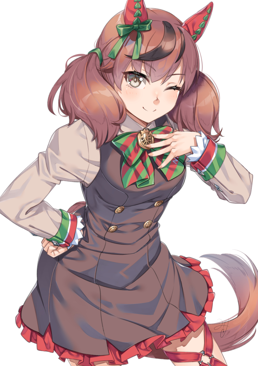 1girl, ;), animal_ears, bow, breasts, brown_dress, brown_eyes, brown_hair