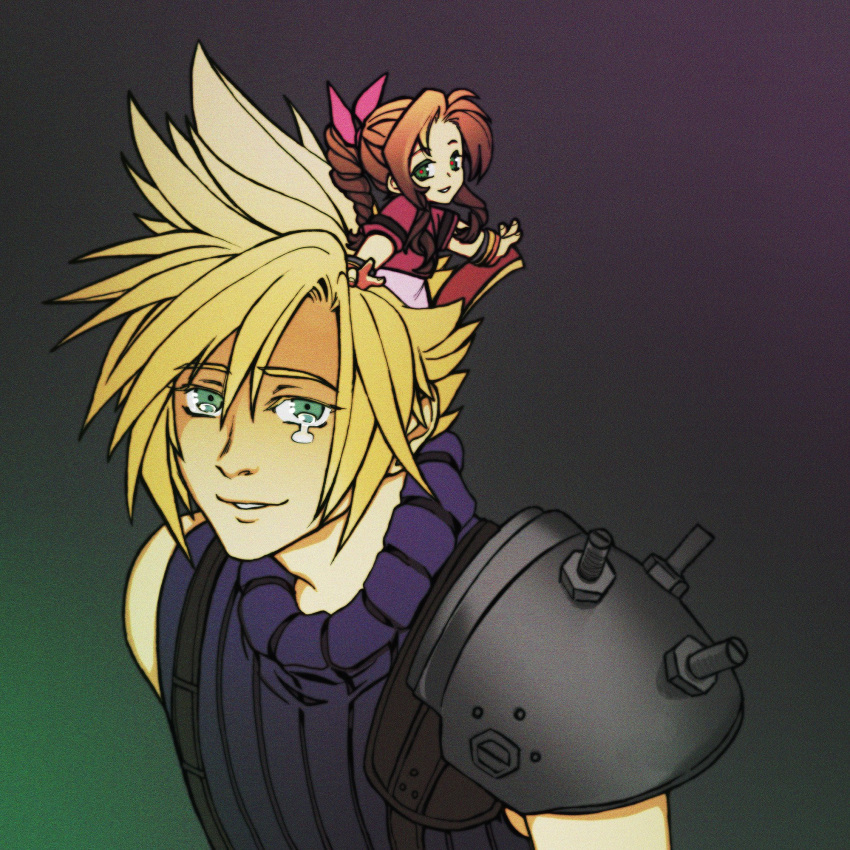 1boy, 1girl, aerith_gainsborough, armor, bangle, blonde_hair, blue_shirt, bracelet