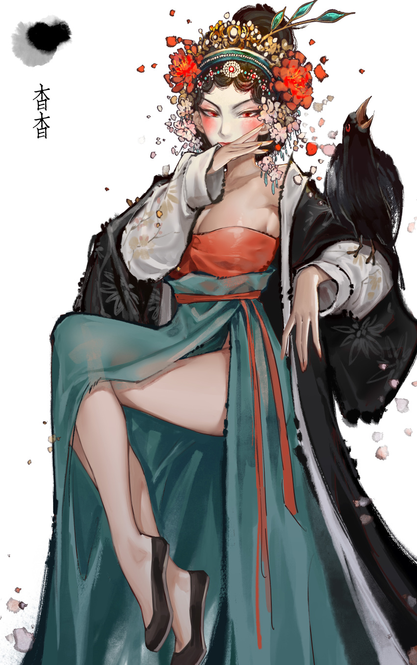 1girl, absurdres, bird, black_shoes, chinese_clothes, chinese_text, crow, full_body