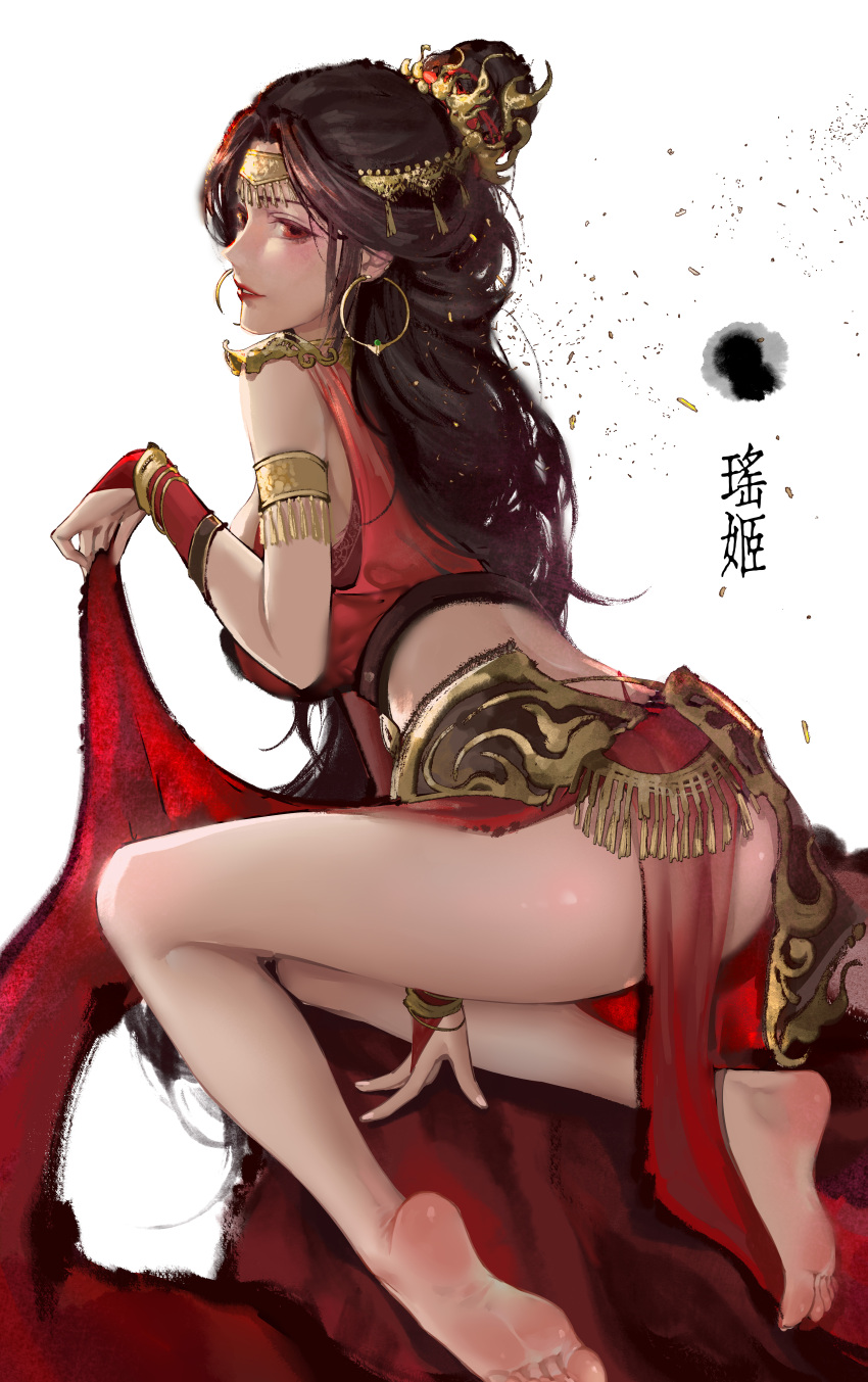 1girl, absurdres, barefoot, brown_hair, chinese_clothes, chinese_text, dress, from_behind