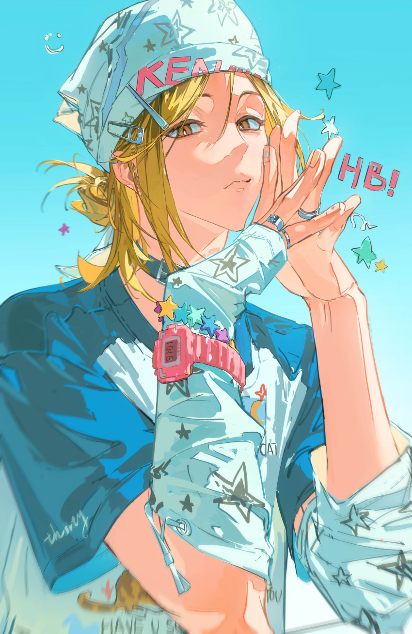 1boy, absurdres, alternate_costume, baozaohuang, black_choker, black_hair, blonde_hair, blue_shirt, brown_eyes, choker, closed_mouth, haikyuu!!, highres, jewelry, kozume_kenma, looking_at_viewer, male_focus, multicolored_hair, multiple_rings, nail_polish, ring, shirt, short_hair, slit_pupils, solo, two-tone_hair, watch, watch