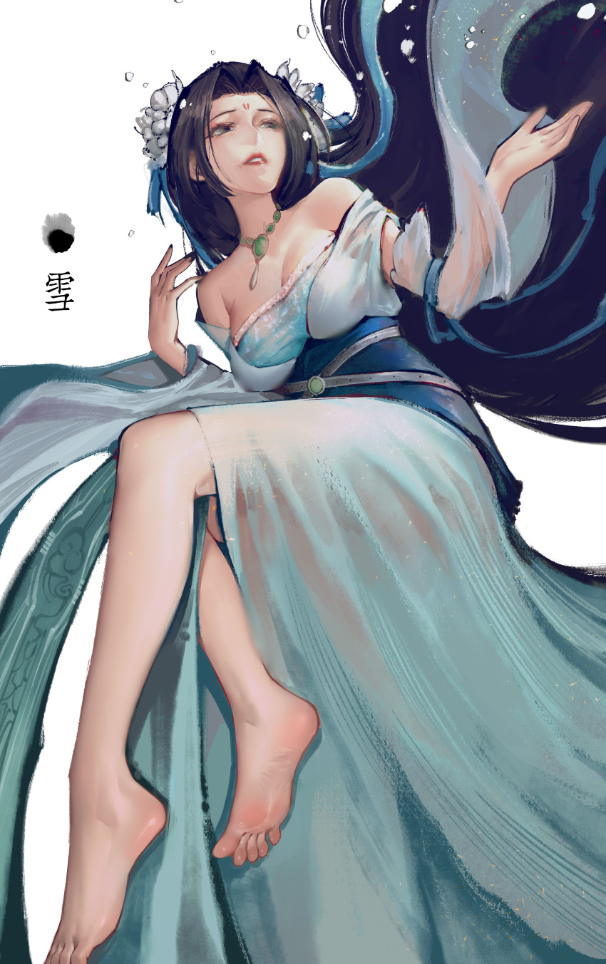 1girl, absurdres, bare_shoulders, barefoot, black_hair, chinese_clothes, chinese_text, from_below