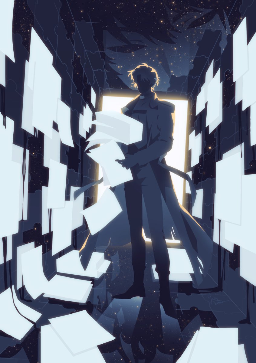 1boy, backlighting, black_coat, black_hair, coat, faceless, facing_viewer, full_body