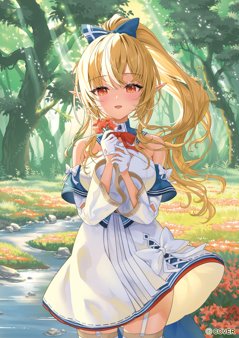 1girl, :d, blonde_hair, bow, bow_skirt, bowtie, breasts, commentary_request