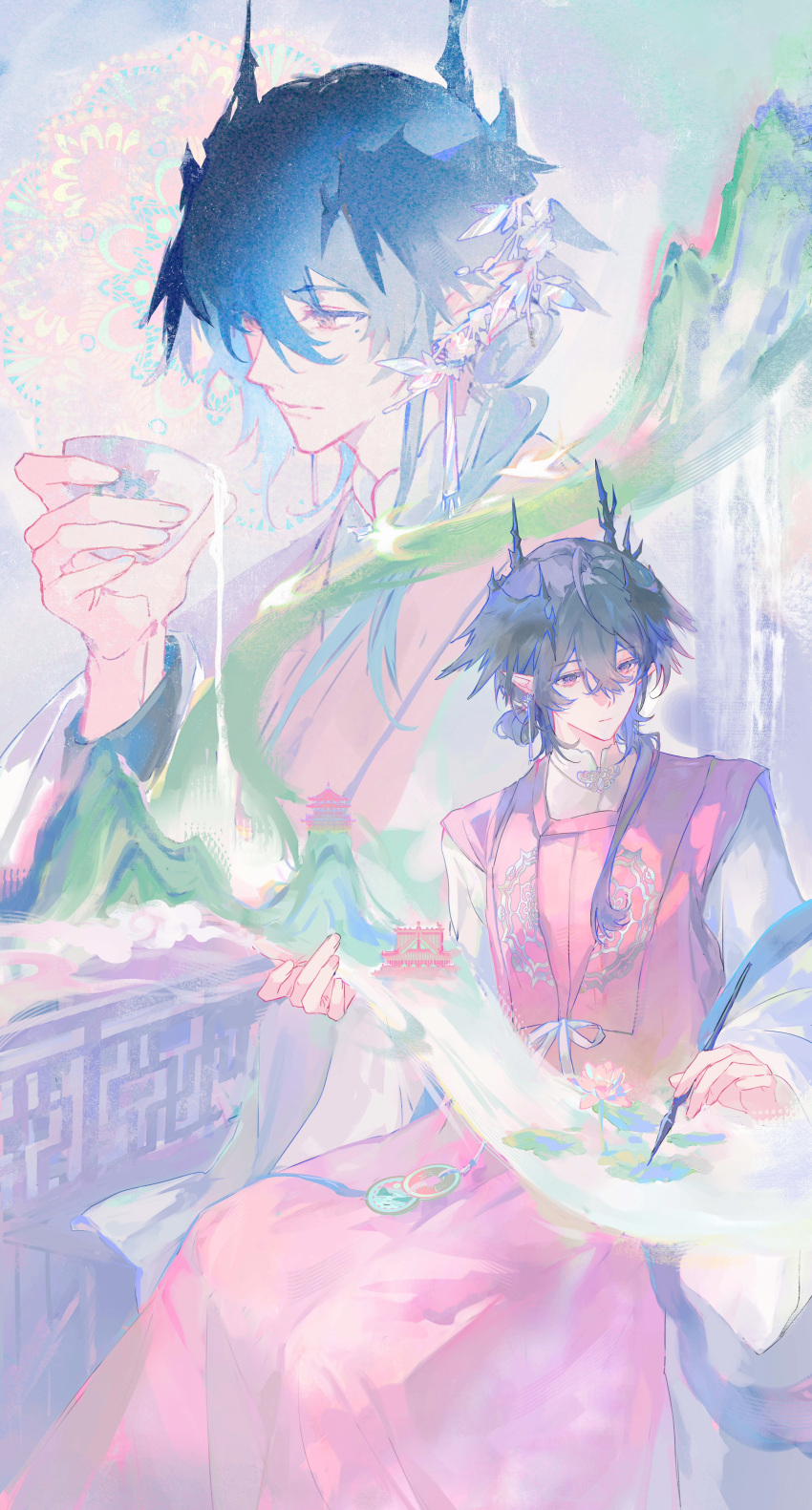 1boy, absurdres, architecture, arknights, black_hair, black_wings, chinese_clothes, chinese_commentary
