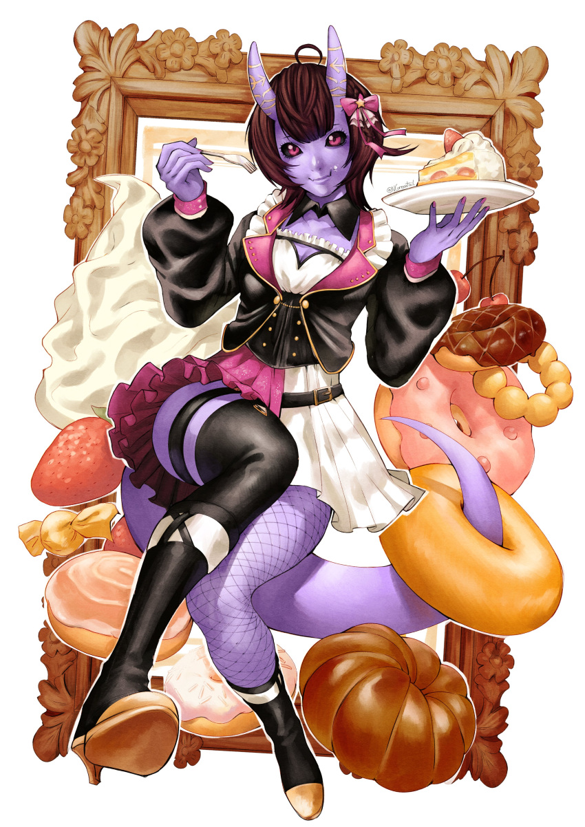 1girl, absurdres, ahoge, asymmetrical_legwear, bagel, black_sclera, bow, breasts