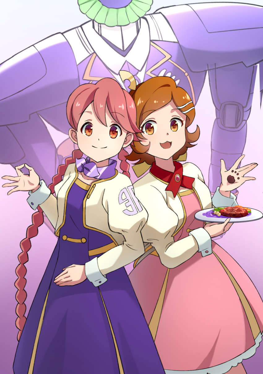 2girls, absurdres, android, apocalypse_hotel, bow, braid, brown_hair, doorman_robot_(apocalypse_hotel)