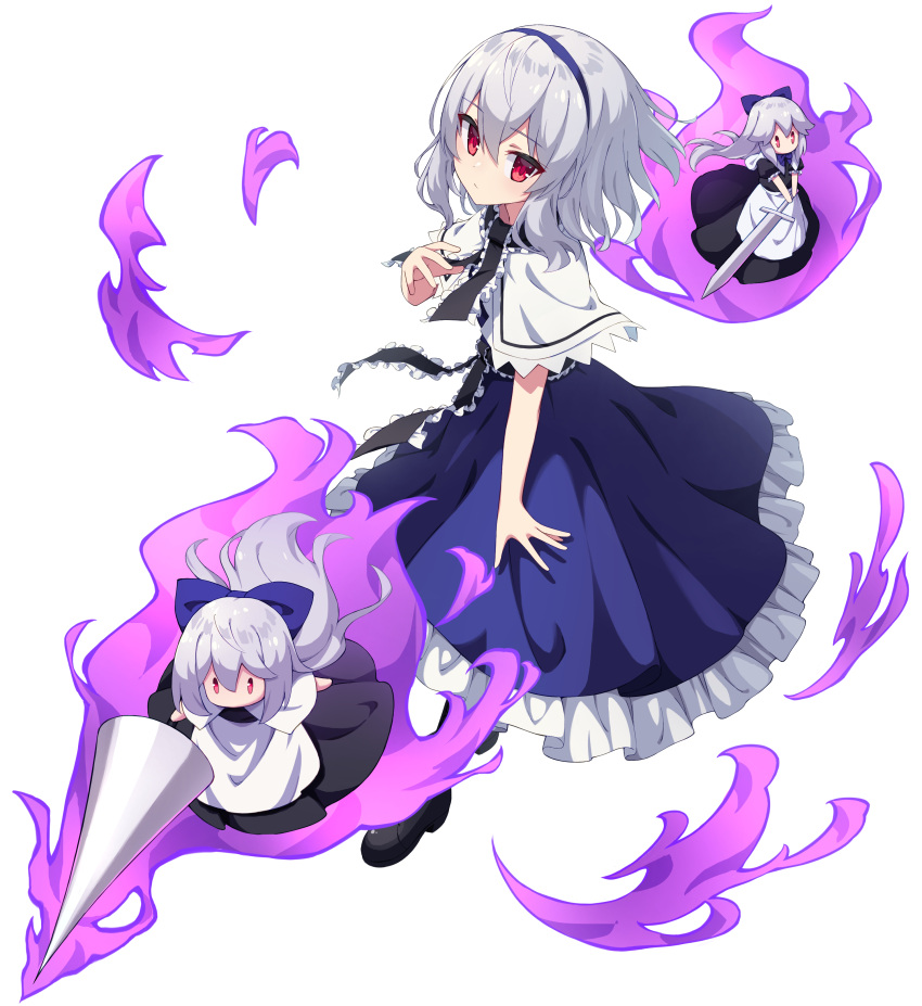 3girls, absurdres, alice_margatroid, alternate_hair_color, black_boots, black_ribbon, blue_bow, blue_dress