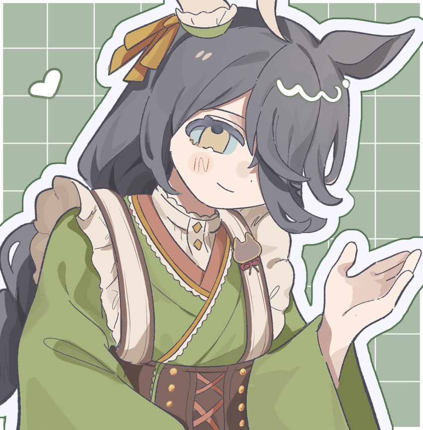 1girl, ahoge, animal_ears, animal_ornament, black_hair, blush, braid, braided_ponytail