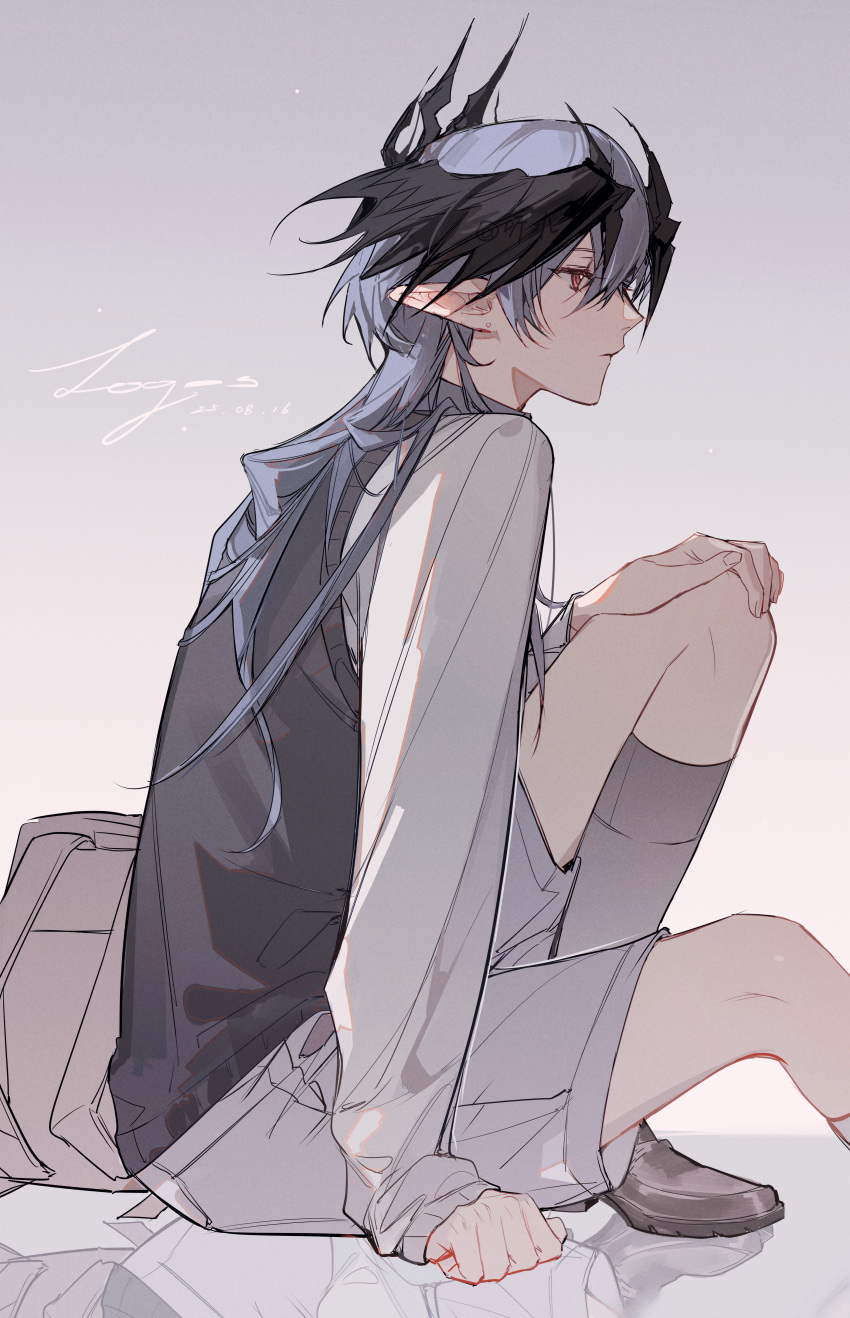 1boy, absurdres, alternate_costume, arknights, bag, black_vest, black_wings, brown_bag
