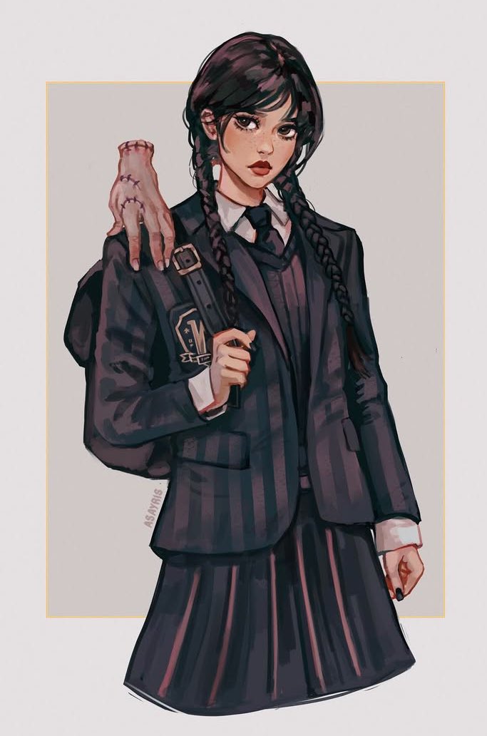1girl, 1other, asayris_art, black_bag, black_eyes, black_hair, black_jacket, black_nails