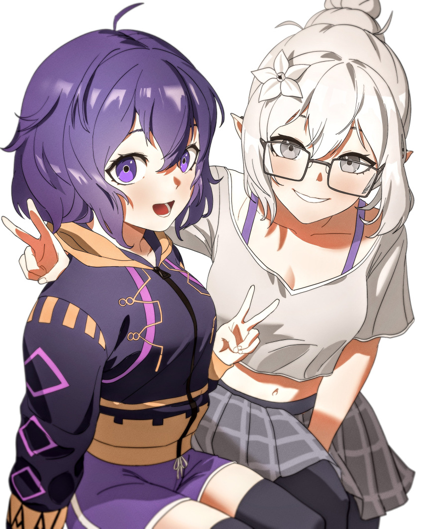 2girls, absurdres, alternate_costume, bernadetta_von_varley, black-framed_eyewear, black_thighhighs, commentary, commission