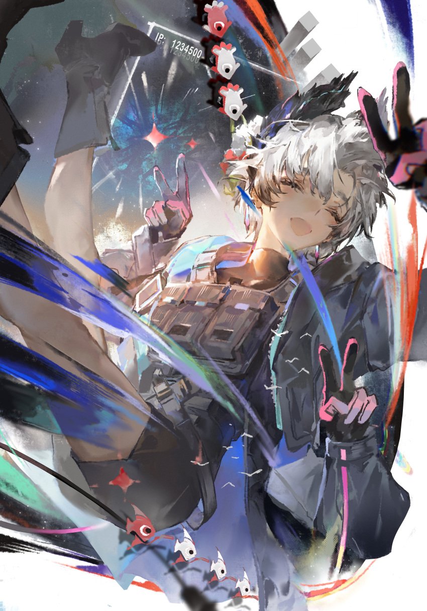 1girl, absurdres, arknights, black_boots, black_jacket, black_shirt, black_shorts, black_wings, blush, boots, bulletproof_vest, chiaspicy, closed_eyes, double_v, extra_arms, gloves, grey_hair, head_wings, high_heel_boots, high_heels, highres, jacket, open_mouth, pink_gloves, raidian_(arknights), shirt, short_hair, shorts, smile, solo, turtleneck, turtleneck_shirt, v, white_hair, wings