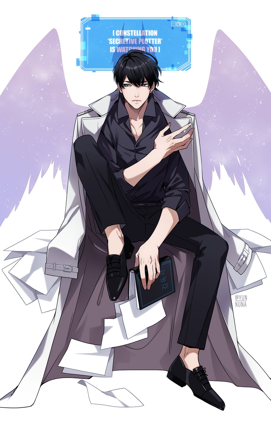 1boy, black_hair, black_shirt, book, check_translation, coat, collared_shirt, demon_horns
