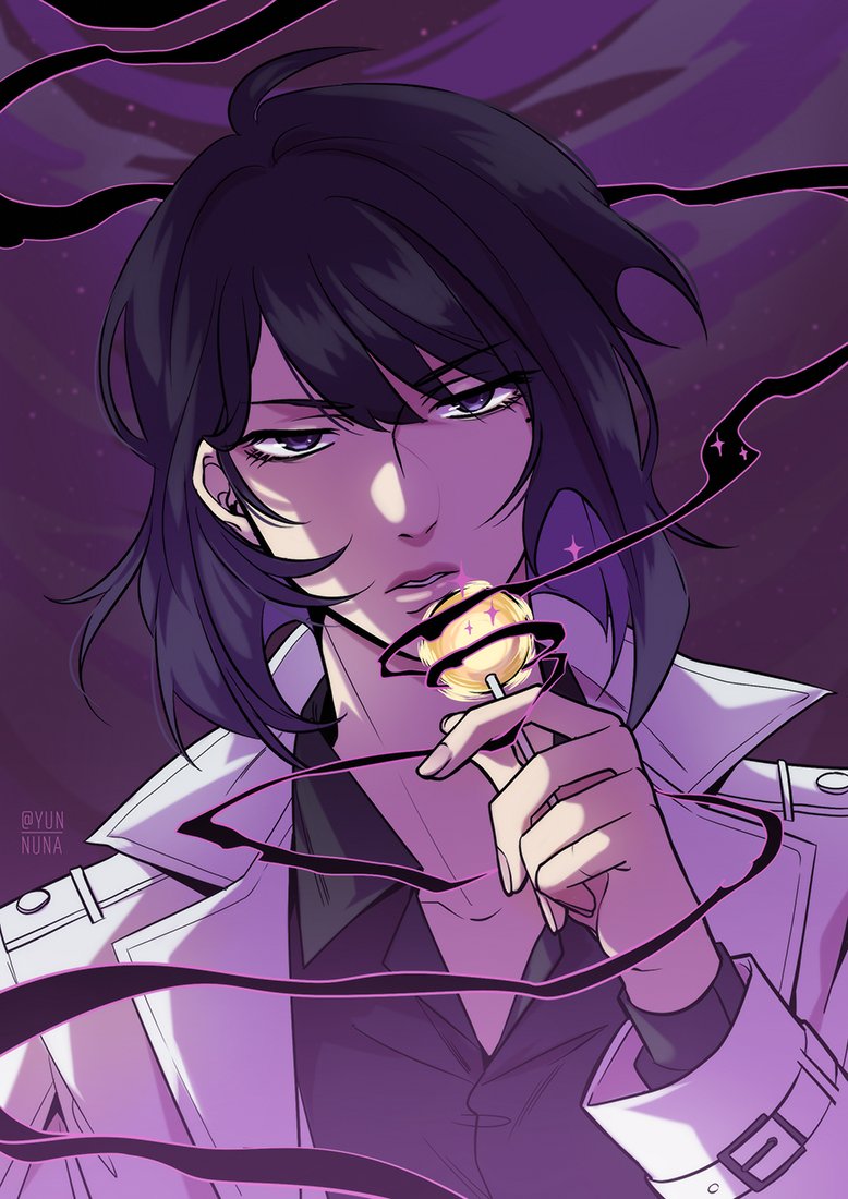 1girl, black_eyes, black_hair, black_shirt, bob_cut, candy, coat, collared_shirt