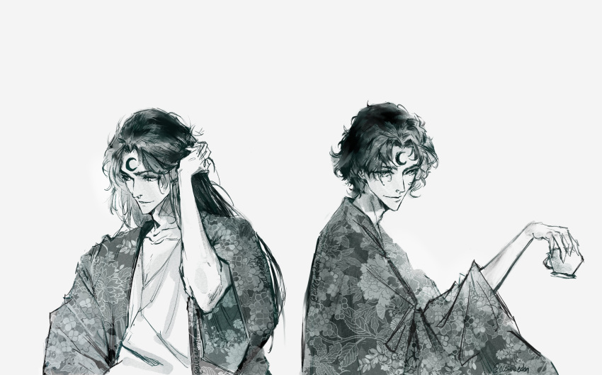 1boy, absurdres, alternate_costume, black_eyes, crescent, cup, ellieaedon, facial_mark
