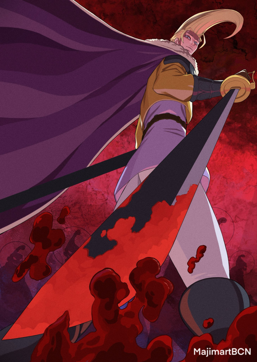 1boy, 5others, black_gloves, blonde_hair, blood, blood_on_weapon, boots, cape
