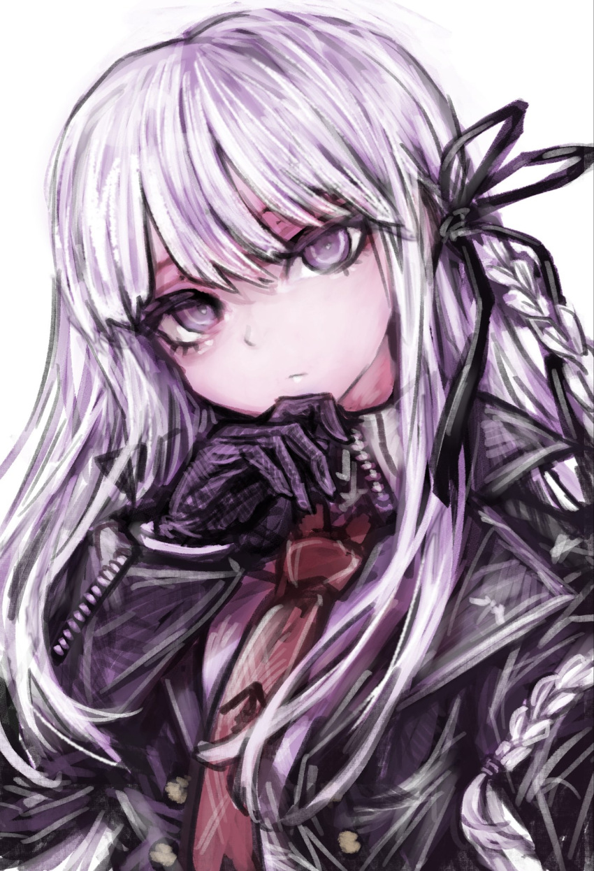 1girl, black_gloves, black_ribbon, braid, collared_shirt, danganronpa:_trigger_happy_havoc, danganronpa_(series), gloves
