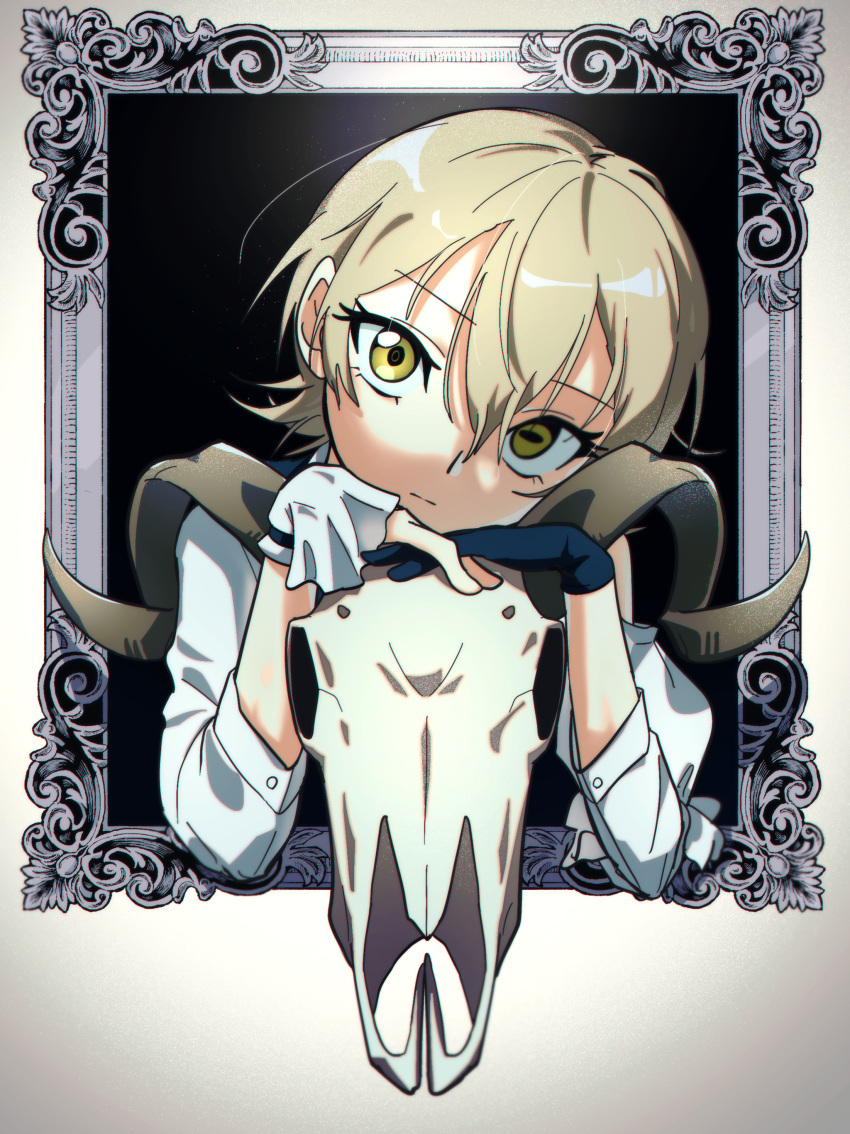 1girl, absurdres, animal_skull, blonde_hair, expressionless, head_tilt, highres, looking_at_viewer