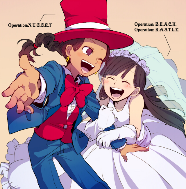 2girls, alternate_costume, arm_hug, black_hair, blunt_bangs, blush, bow, braid