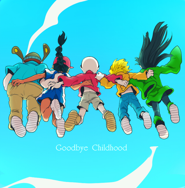 2girls, 3boys, bald, black_hair, blonde_hair, blue_background, blue_sky, braid