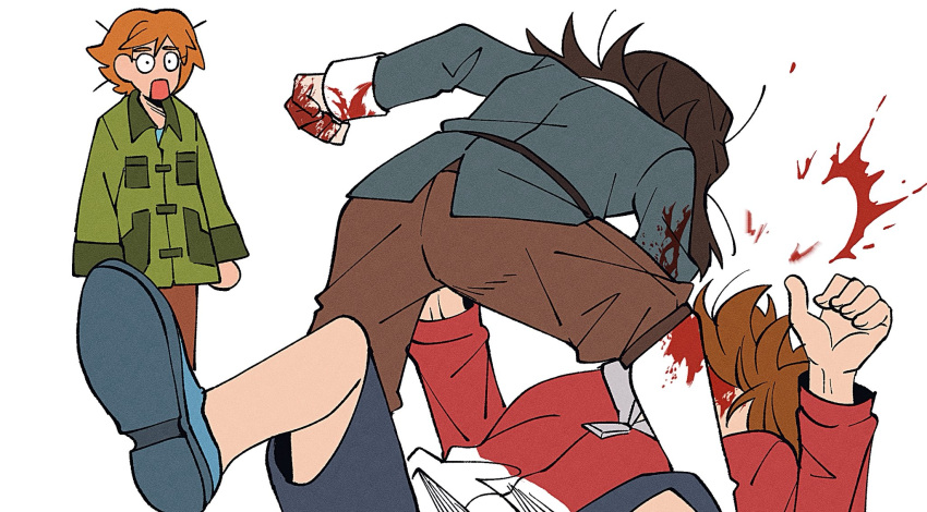 1girl, 2boys, abaddon_(haunted_hotel), abaddon_(human)_(haunted_hotel), attack, ben_freeling, bleeding, blood