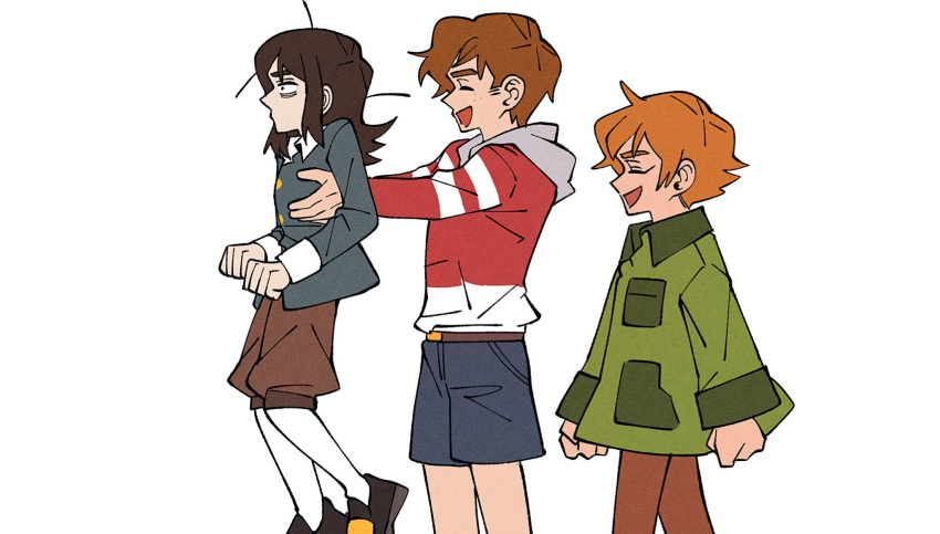 1girl, 2boys, abaddon_(haunted_hotel), abaddon_(human)_(haunted_hotel), armpit_carry, ben_freeling, blue_coat, brown_hair