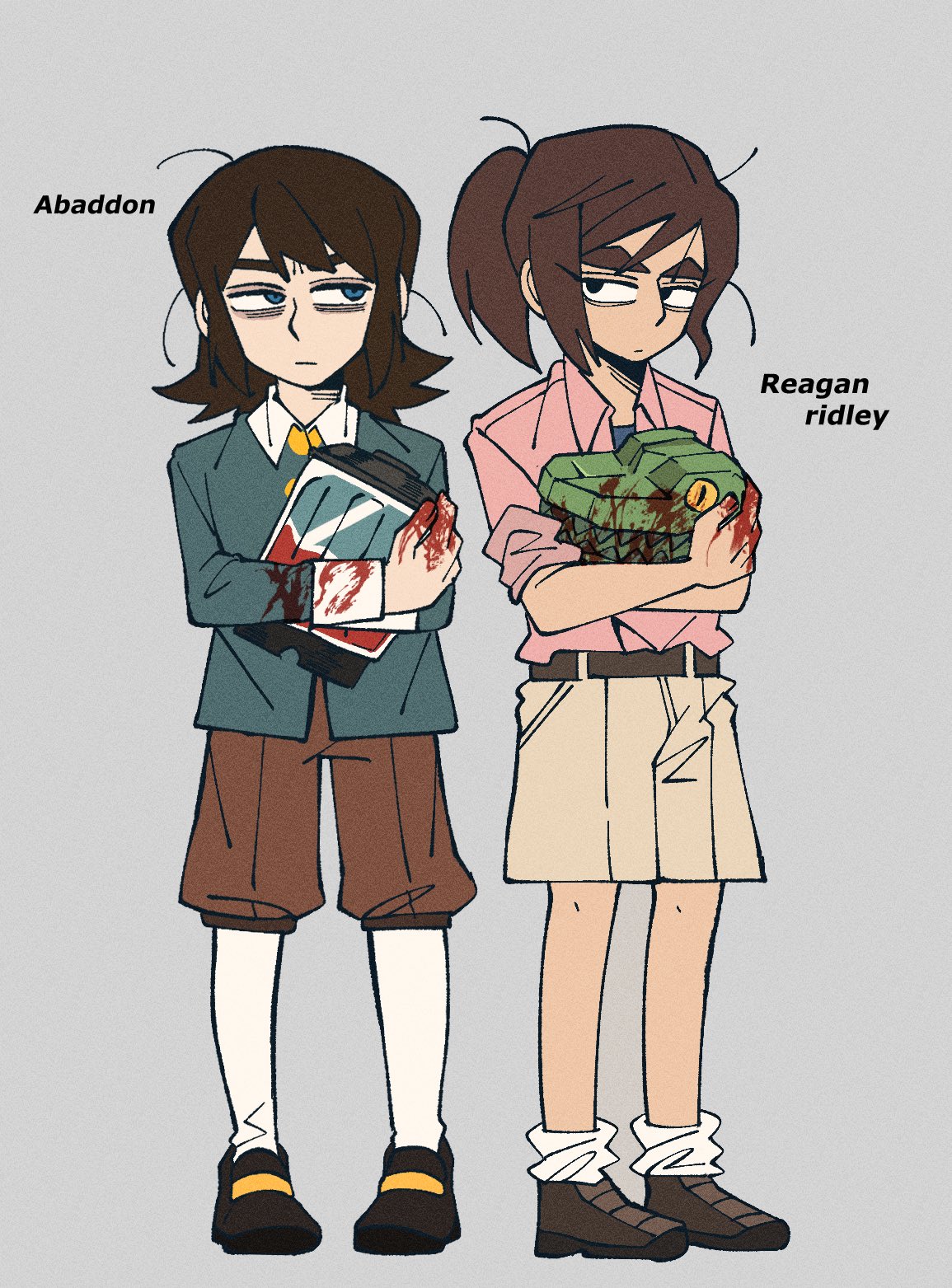 1boy, 1girl, abaddon_(haunted_hotel), abaddon_(human)_(haunted_hotel), aged_down, black_eyes, blender_(object), blood