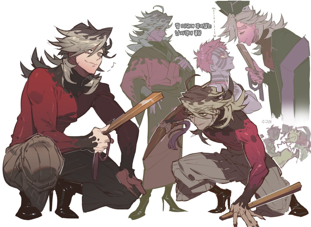 2boys, akaza_(kimetsu_no_yaiba), black_hat, black_shoes, blonde_hair, boosk_01, brown_hair, closed_eyes