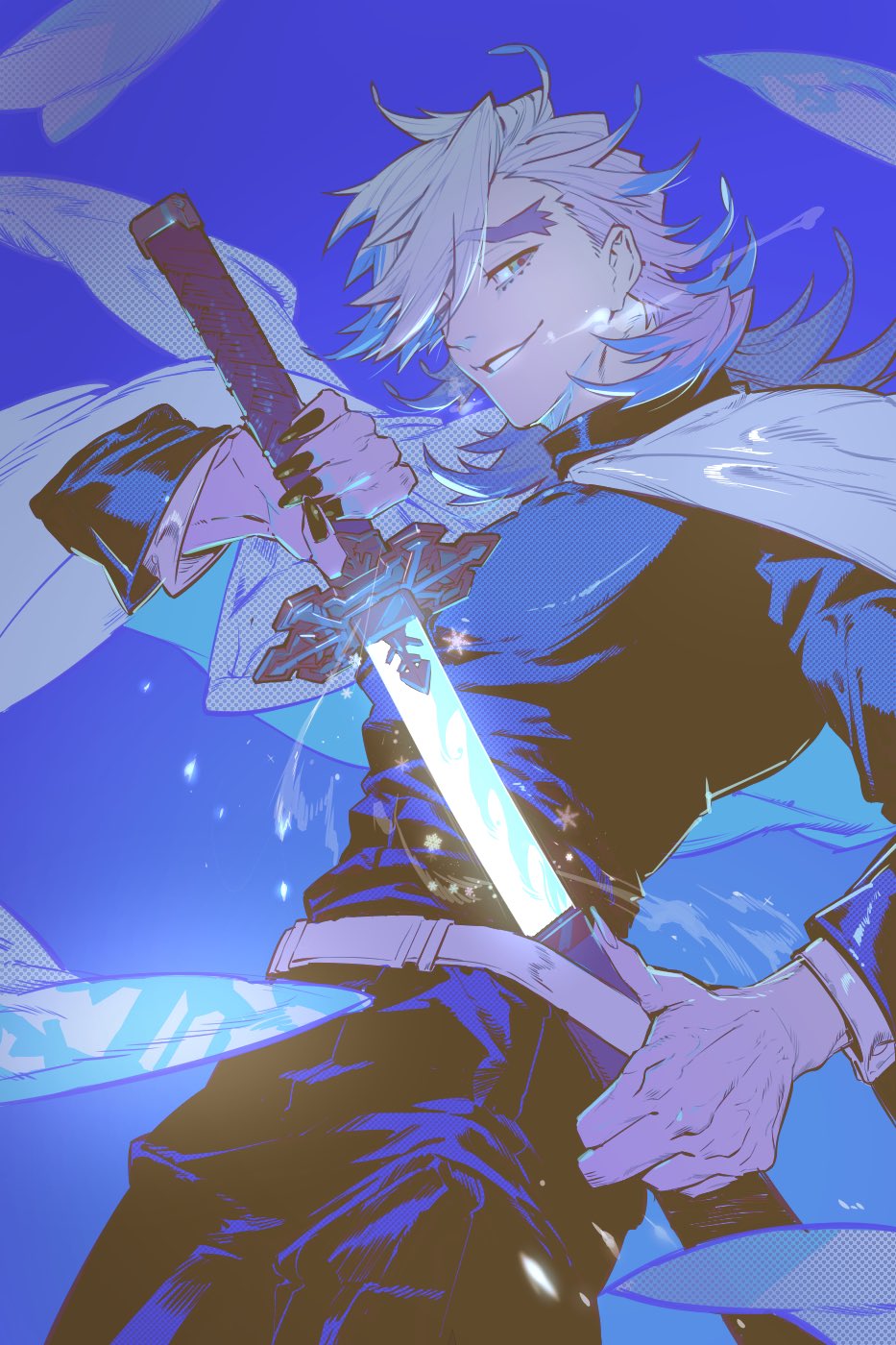 1boy, belt, black_jacket, black_nails, black_pants, blonde_hair, blue_background, boosk_01