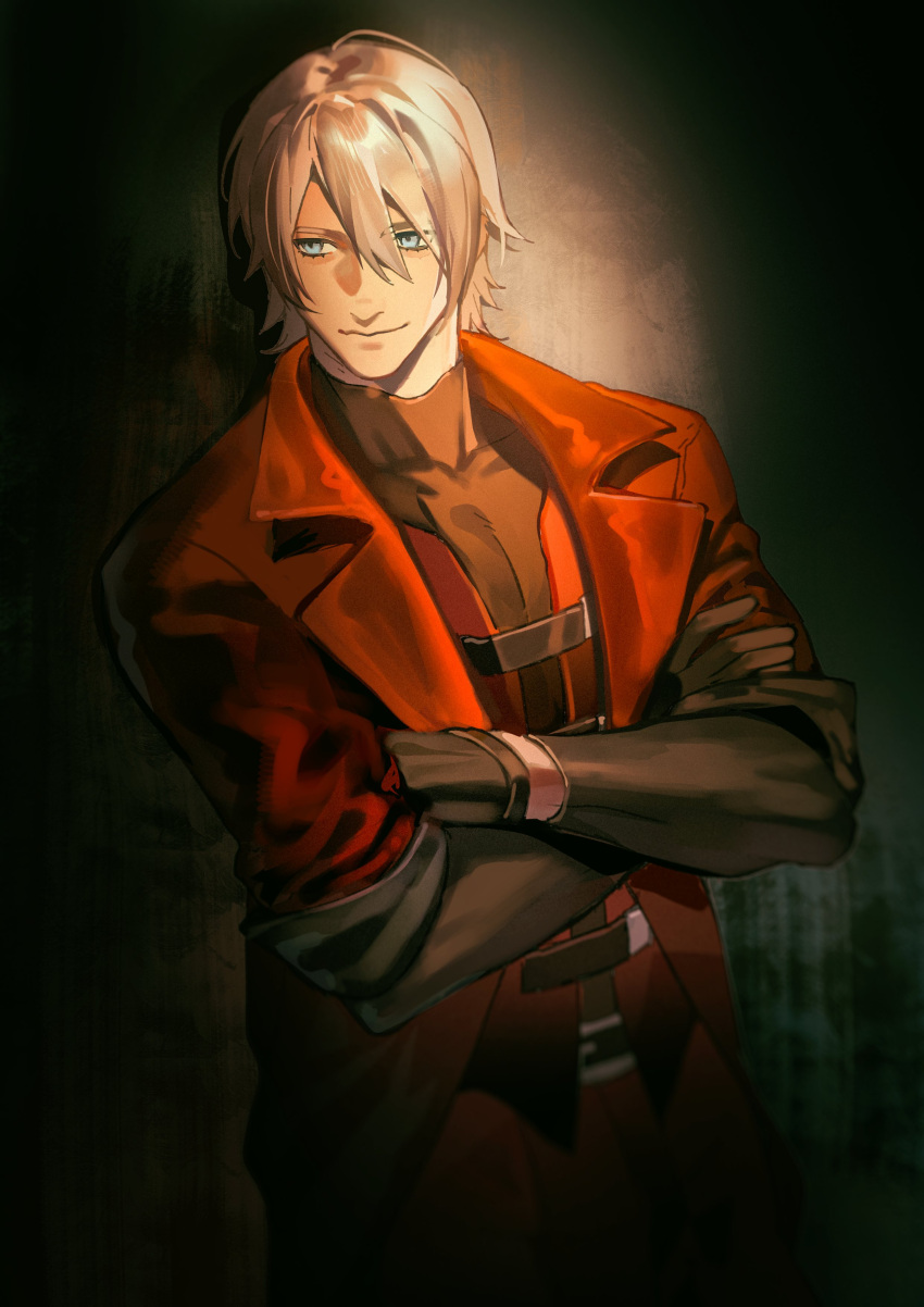 1boy, absurdres, black_gloves, black_shirt, blue_eyes, closed_mouth, cowboy_shot, crossed_arms