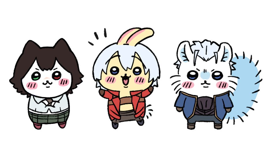 1girl, 2boys, :3, animal_ears, black_hair, black_pants, blue_coat, blush, blush_stickers, cat, chiikawa, chiikawa_(character), closed_mouth, coat, cosplay, crossed_arms, dante_(devil_may_cry), dante_(devil_may_cry)_(cosplay), devil_may_cry_(series), devil_may_cry_3, furrowed_brow, grey_hair, hachiware_(chiikawa), hair_between_eyes, hair_slicked_back, heterochromia, iluvmyhamster69, lady_(devil_may_cry), lady_(devil_may_cry)_(cosplay), multiple_boys, open_mouth, pants, rabbit_ears, red_coat, shirt, short_hair, smile, squirrel, usagi_(chiikawa), vergil_(devil_may_cry), vergil_(devil_may_cry)_(cosplay), white_background, white_shirt