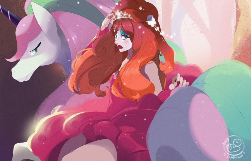 1girl, blue_eyeshadow, chappell_roan, chappell_roan_(person), character_request, closed_mouth, commentary, crown