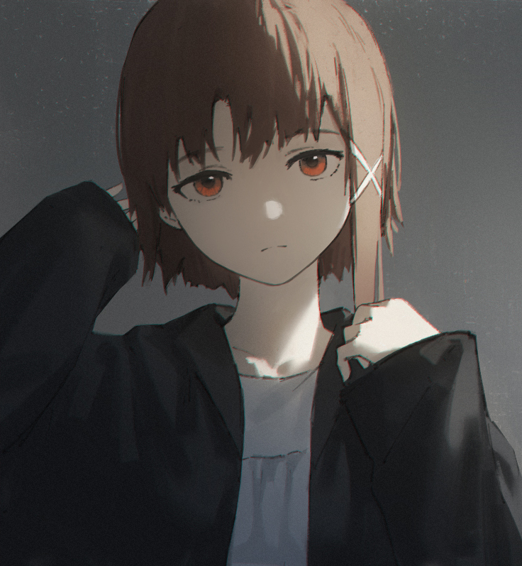 1girl, black_jacket, brown_eyes, brown_hair, closed_mouth, grey_background, hair_ornament, iwakura_lain