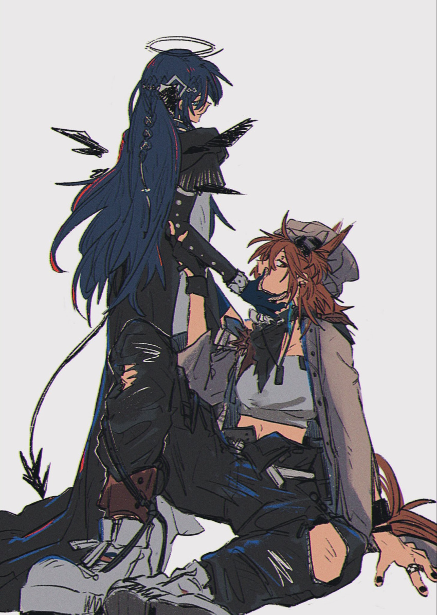 2girls, ambience_synesthesia, ankle_boots, aqua_eyes, arknights, arm_support, asymmetrical_gloves, bandana, bandana_around_neck, beanie, black_bandana, black_dress, black_gloves, black_horns, black_pants, blue_gloves, boots, bracelet, commentary, demon_horns, demon_tail, dress, energy_wings, feather_hair, fiammetta_(ambience_synesthesia)_(arknights), fiammetta_(arknights), fingerless_gloves, full_body, gloves, grey_hat, grey_jacket, hair_between_eyes, halo, hand_on_another's_face, hat, highres, holding_another's_arm, horns, invisible_floor, jacket, jewelry, knee_up, long_hair, long_sleeves, looking_at_another, looking_at_viewer, midriff, mismatched_gloves, mostima_(arknights), mostima_(ethereal_harmony)_(arknights), multiple_girls, open_clothes, open_jacket, pants, ring, ronsudsud, short_hair, sidelocks, simple_background, sitting, standing, strapless, symbol-only_commentary, tail, torn_clothes, torn_pants, train_(clothing), tube_top, very_long_hair, white_background, white_boots, white_tube_top, yuri