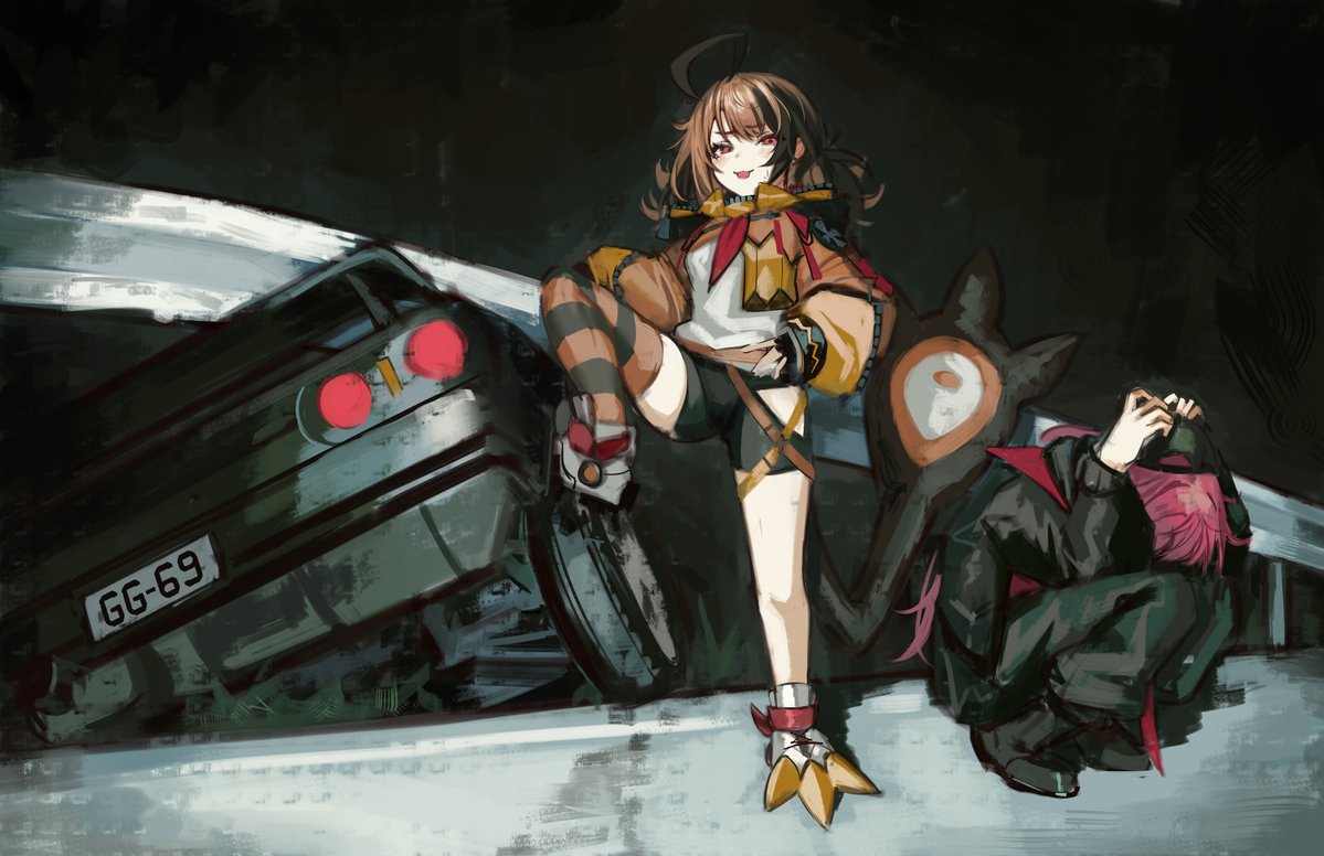 2girls, ahoge, baseball_cap, bike_shorts, black_hat, black_jacket, black_pants, black_shoes
