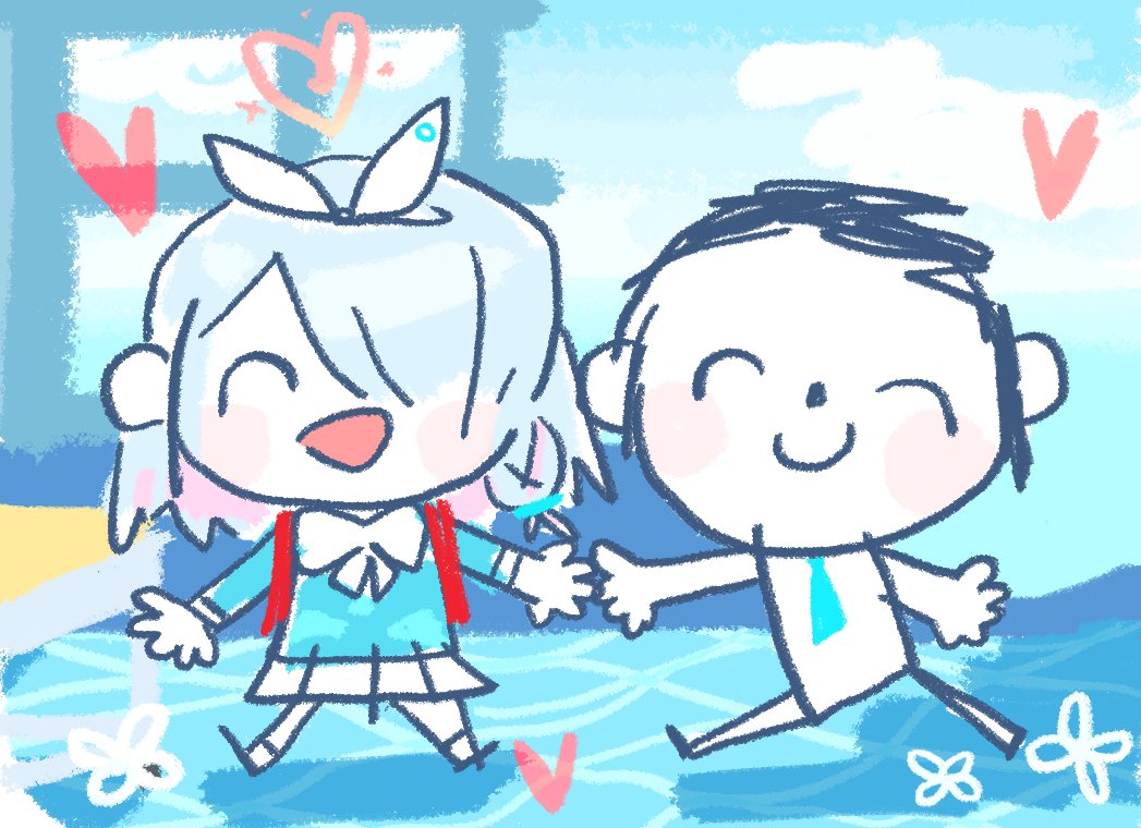 1boy, 1girl, :d, arona_(blue_archive), backpack, bag, blue_archive, blue_hair