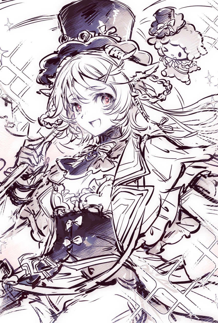 1girl, :d, animal_ears, arknights, bow, bowtie, chibi, chibi_inset, chibikemo, chinese_commentary, clothing_request, commentary_request, corset, demiannuo, eyjafjalla_(arknights), eyjafjalla_(fluffy_little_witch)_(arknights), four-pointed_star, gloves, hair_ornament, hat, highres, holding, holding_umbrella, horns, my_sweet_piano, open_mouth, pink_eyes, ribbon, sanrio, sitting, smile, solo, sparkle, top_hat, umbrella