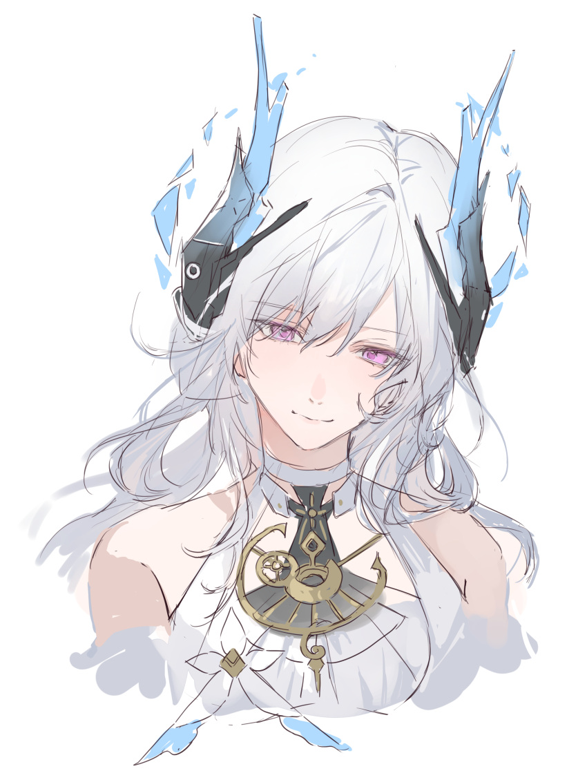 1girl, absurdres, bare_shoulders, cino_(cappuccino), closed_mouth, cropped_torso, dress, hair_between_eyes