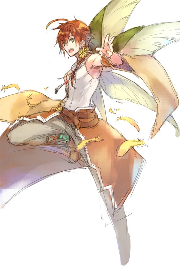 1boy, ahoge, bow_flower, brown_cape, brown_hair, cape, dragon_boy, emil_chronicle_online, emil_dragon, feathers, from_side, green_wings, grey_pants, long_hair, low_ponytail, multiple_wings, pants, ponytail, shirt, sleeveless, sleeveless_shirt, solo, waist_cape, wanko_(takohati8), white_shirt, wings