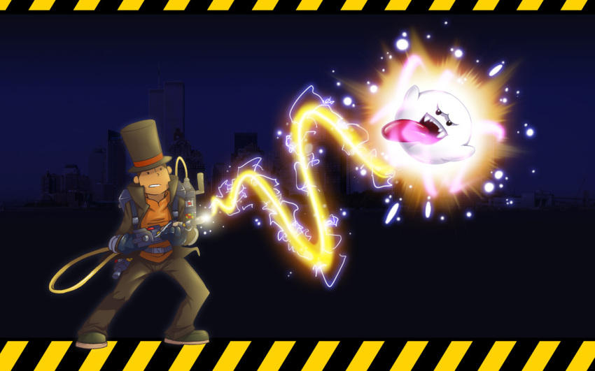 crossover, ghostbusters, gloves, hat, hershel_layton, mario_bros., professor_layton, proton_pack