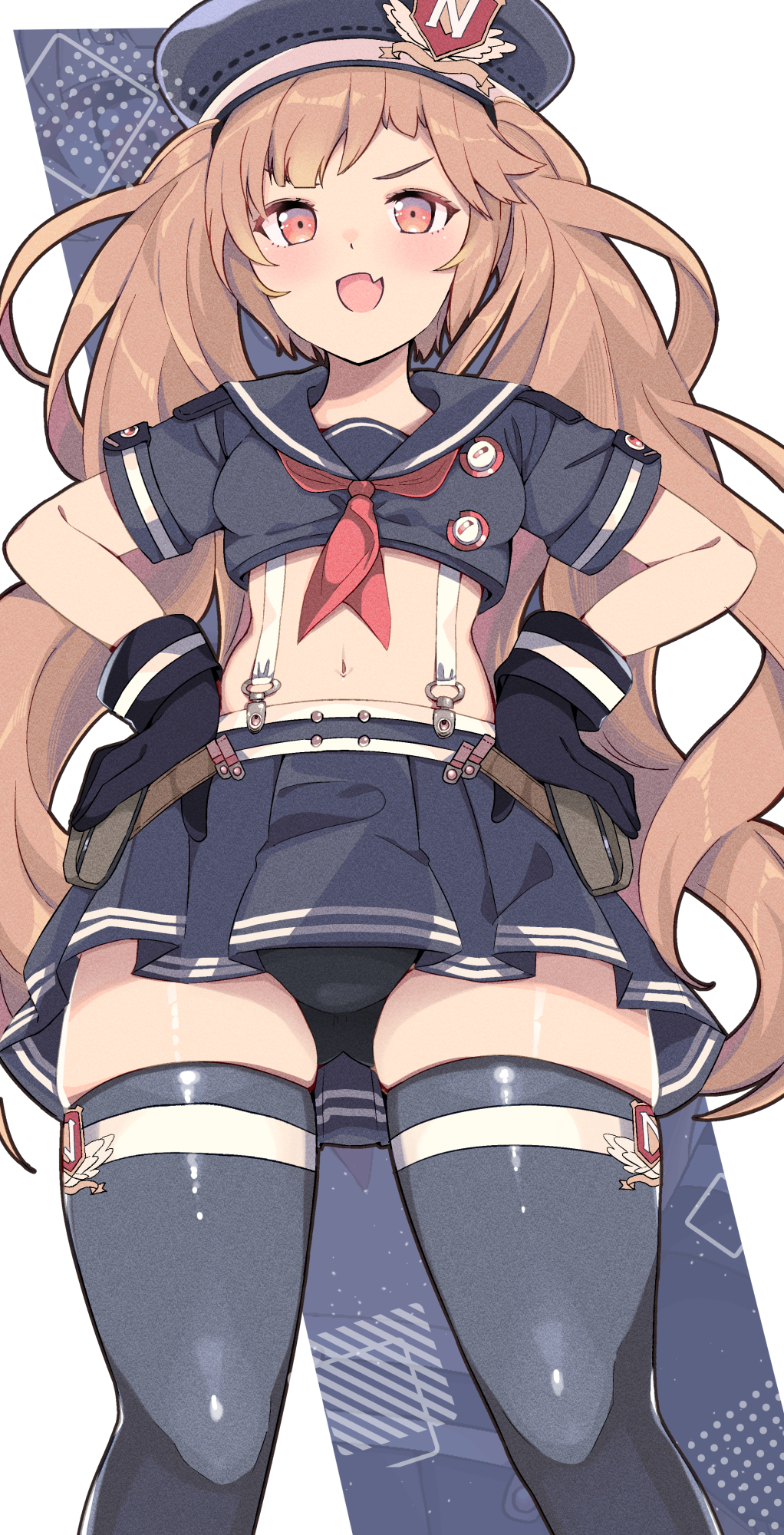 1girl, black_gloves, black_panties, black_sailor_collar, black_shirt, black_skirt, black_thighhighs, blush