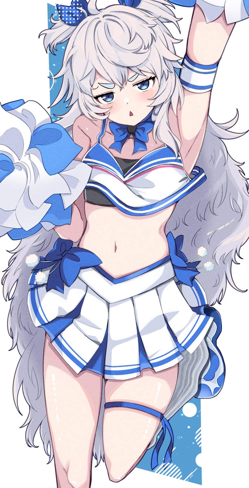 1girl, absurdres, arm_up, armband, blue_bow, blue_bowtie, blue_eyes, blue_ribbon, blue_skirt, blush, bow, bowtie, cheerleader, crop_top, fluffy_hair, goddess_of_victory:_nikke, grey_hair, hair_ribbon, hand_up, highres, long_hair, looking_at_viewer, loose_socks, navel, oi_tie, pleated_skirt, poli_(cheer_up_police)_(nikke), poli_(nikke), pom_pom_(cheerleading), ribbon, shirt, shoes, skirt, sleeveless, sneakers, socks, solo, sports_bra, standing, standing_on_one_leg, thigh_strap, triangle_mouth, two-tone_shirt, two_side_up, v-shaped_eyebrows, very_long_hair, white_background, white_shirt, white_socks