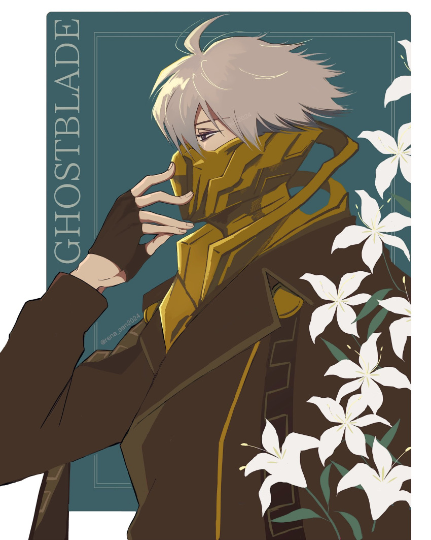 1boy, adjusting_mask, ahoge, black_gloves, black_jacket, brown_eyes, character_name, expressionless