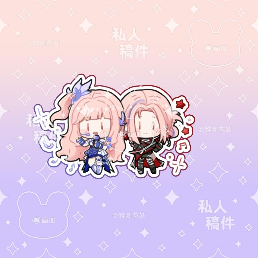 2girls, aying99792, bare_shoulders, black_boots, black_choker, black_coat, black_gloves, black_pants, black_shirt, blue_dress, blue_gloves, blunt_bangs, blush_stickers, boots, bow, braid, brown_eyes, chibi, choker, closed_mouth, coat, commission, counterflow_concerto_(infinity_nikki), double_bun, dress, dual_persona, electric_guitar, feather_hair_ornament, feathers, fingerless_gloves, forehead, frilled_dress, frills, gloves, gradient_background, guitar, hair_bow, hair_bun, hair_ornament, happy, headset, holding, holding_microphone, idol, infinity_nikki, instrument, knee_boots, layered_dress, long_hair, long_sidelocks, long_sleeves, microphone, multicolored_hair, multiple_girls, music, musical_note, nikki_(nikki), nikki_(series), one_side_up, open_clothes, open_coat, open_mouth, outline, outstretched_hand, pants, pink_background, pink_hair, playing_guitar, playing_instrument, print_coat, punk, purple_background, purple_bow, red_coat, sample_watermark, shirt, short_dress, short_hair, side_braids, sidelocks, singing, smile, solid_oval_eyes, sparkle, standing, star_(symbol), star_print, starry_nocturne_(infinity_nikki), strapless, strapless_dress, streaked_hair, tailcoat, thigh_strap, torn_clothes, torn_pants, twin_braids, two-sided_coat, two-sided_fabric, two-tone_background, very_long_hair, watermark, watermark_grid, wavy_hair, white_boots, white_dress, white_outline