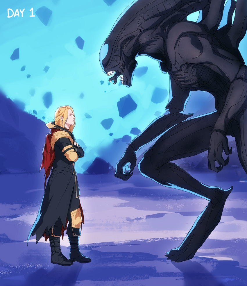 1boy, 1other, alien_(1979), alien_(series), black_boots, black_coat, blonde_hair, boots