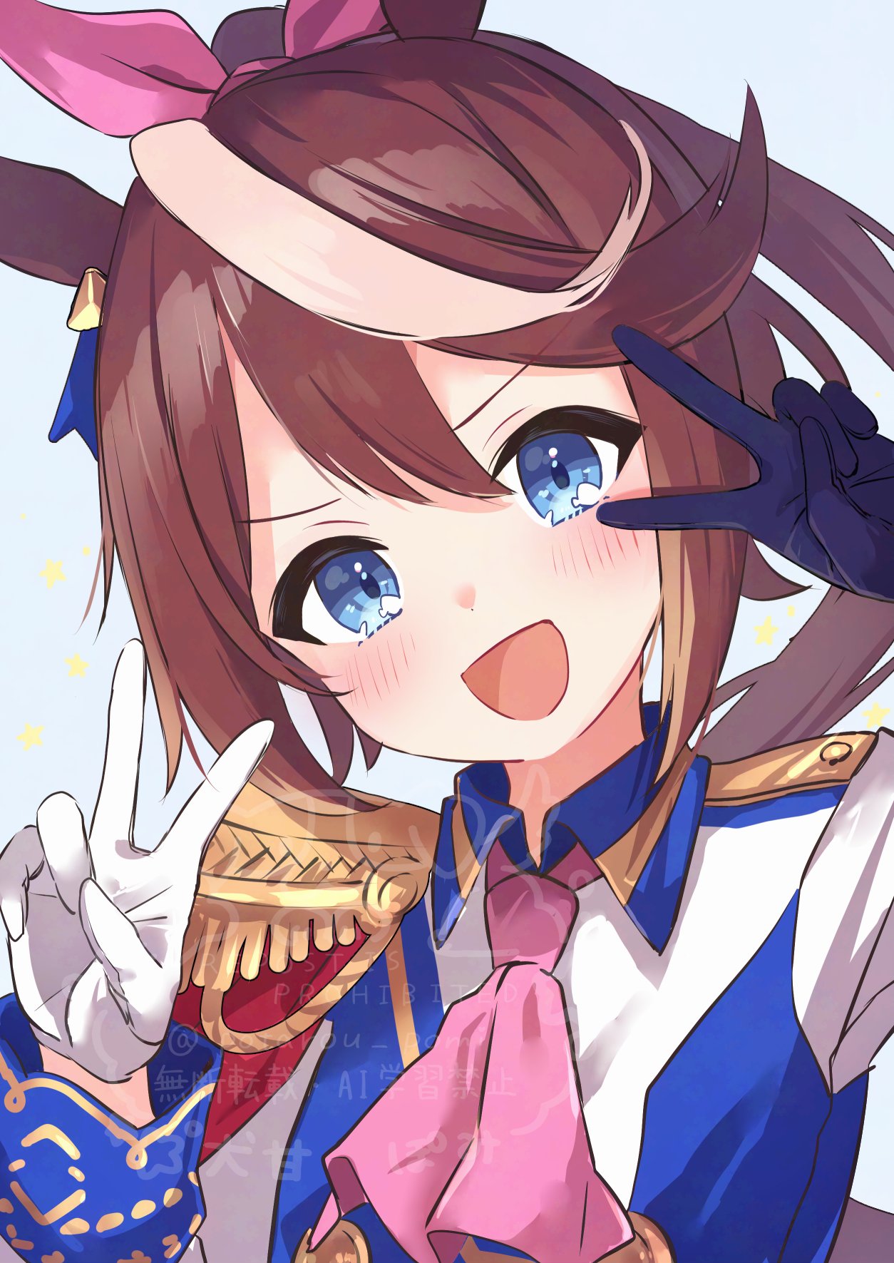 animal_ears, ascot, asymmetrical_gloves, bow, ear_bow, ear_ornament, ear_ribbon, epaulettes